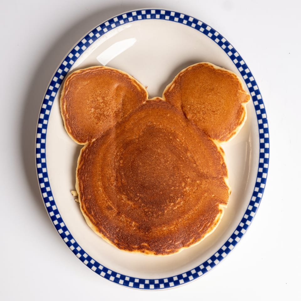 Mickey Mouse-shaped pancakes on a white plate with a blue and white checkered rim.