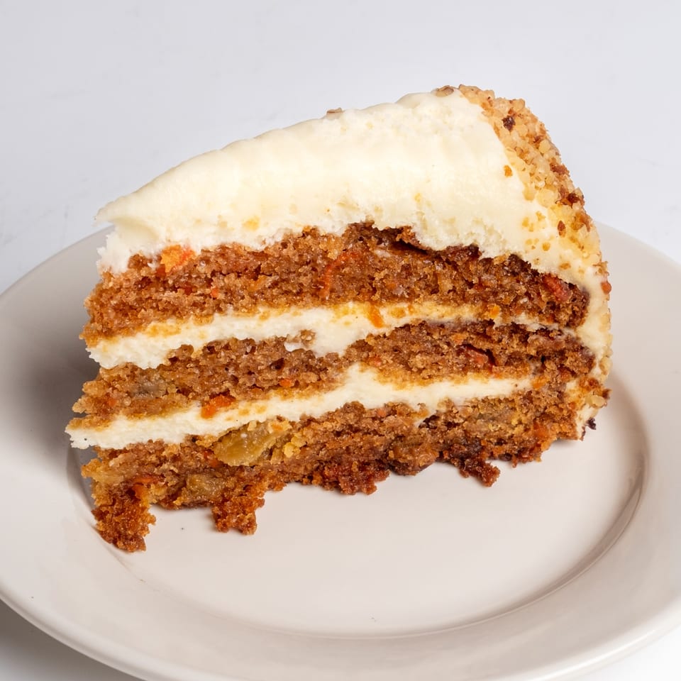 A slice of carrot cake with cream cheese frosting and chopped nuts on a white plate.